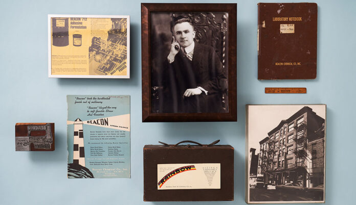 Highlighting key moments from Beacon's history, this display features our founder, David Meshirer, prominently at its center. Also showcased are our historical artifacts including a laboratory notebook, vintage marketing materials, and an antique stamp. In the second photo featuring a building showcases our former location also located in New York.”